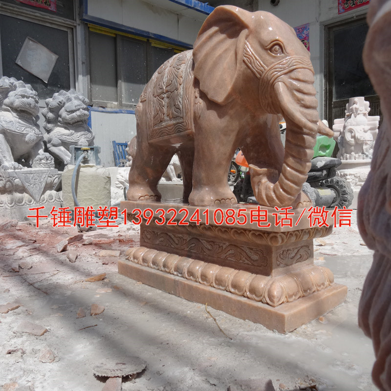 石雕晚霞红大象动物雕刻门口摆件